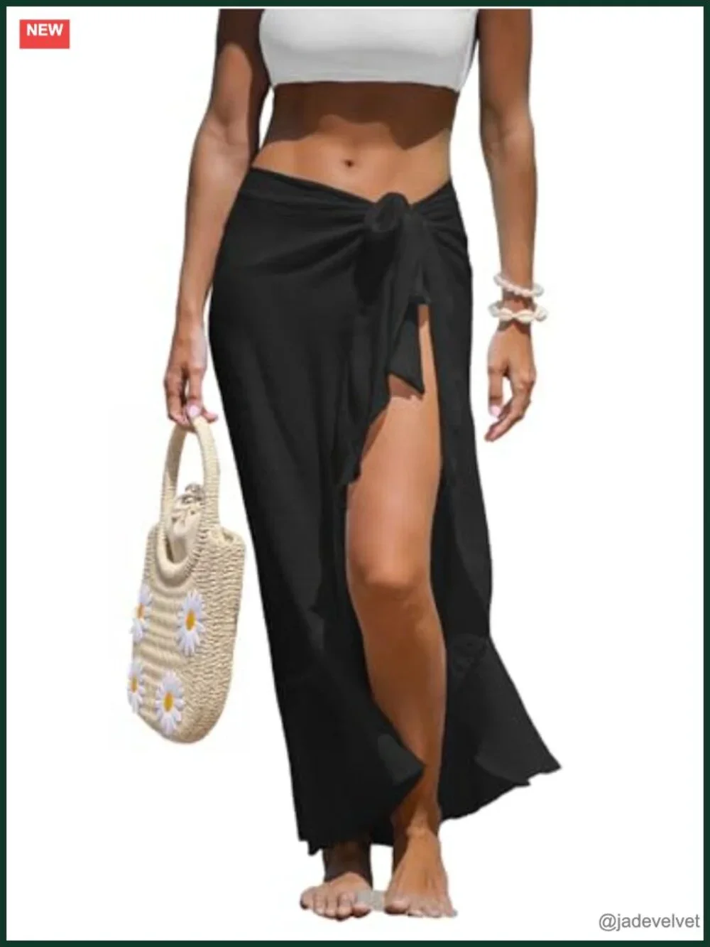 Chiffon Sarong Wrap Skirt Cover Up with Self Tie and Ruffle Trim Beach Swimsuit